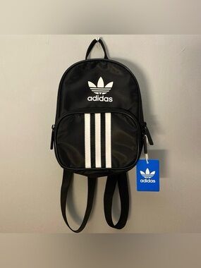 NWT Black ADIDAS Three Stripes White Logo Mini Backpack Hiking Leisure Bag Purse